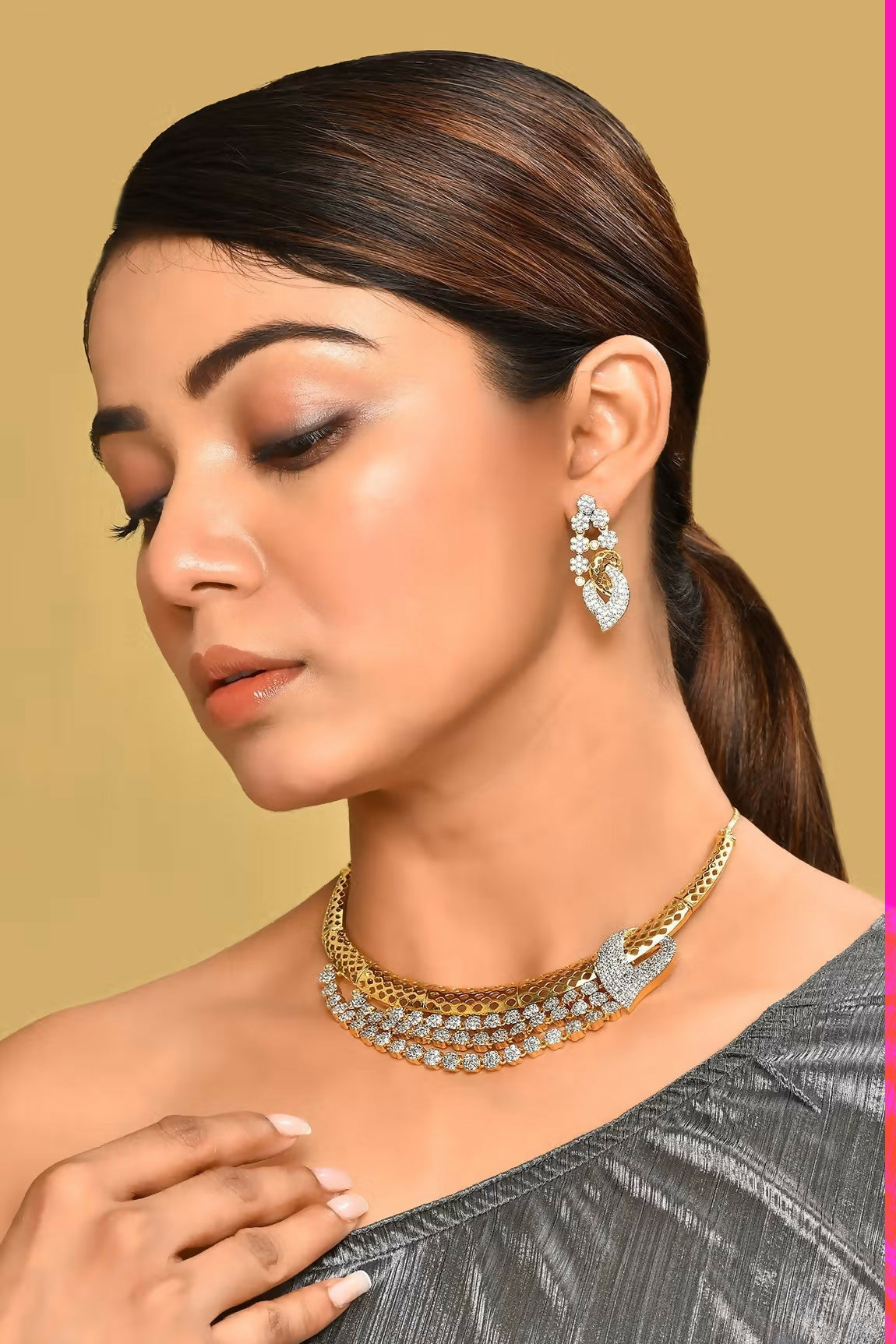 Joban Fashion Women Brass Golden White Ad Necklace Set