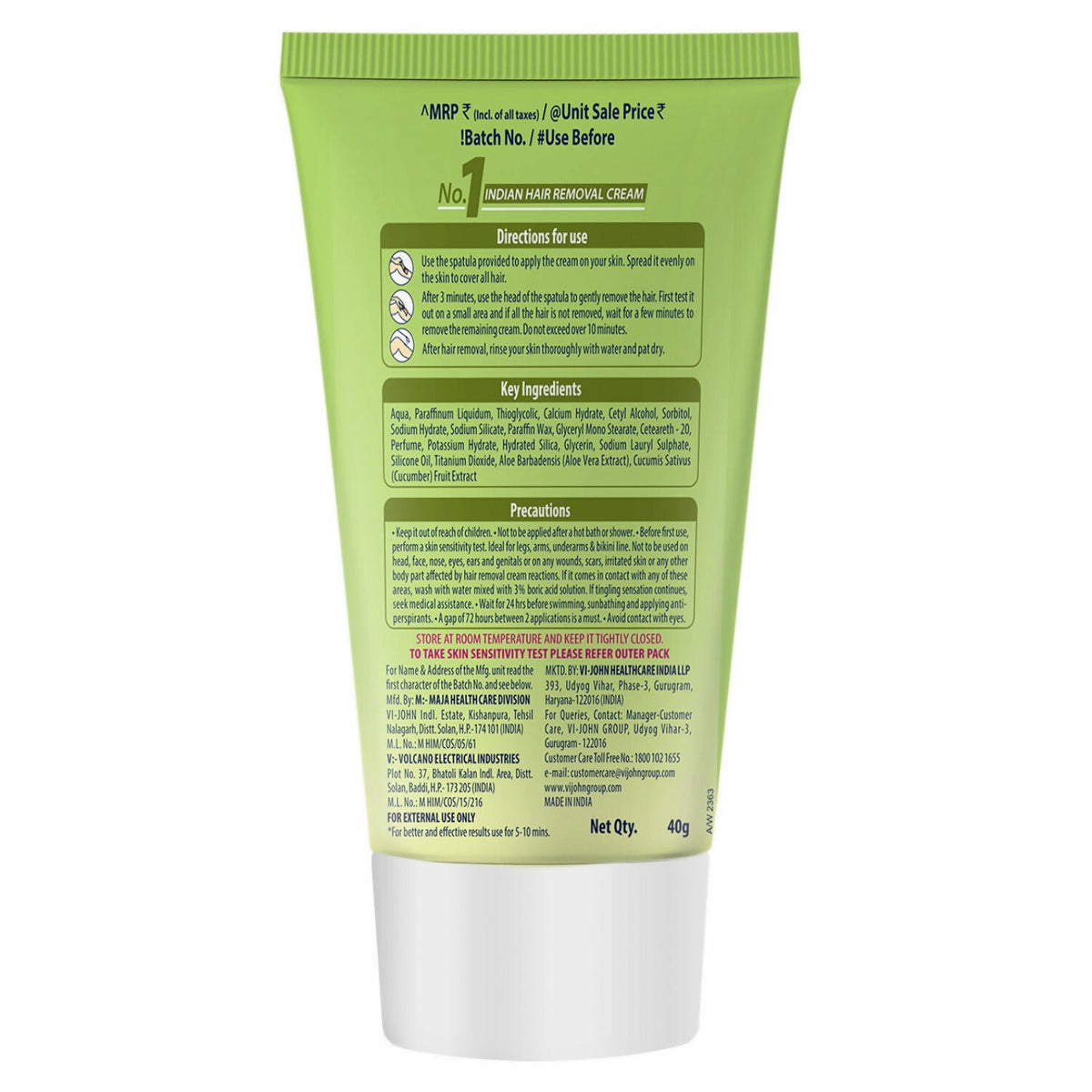 VI-JOHN Feather Touch Cucumber & Aloevera Hair Removal Cream for Women for Sensitive Skin Suitable for Legs, Underarms, Bikini Line, Arms