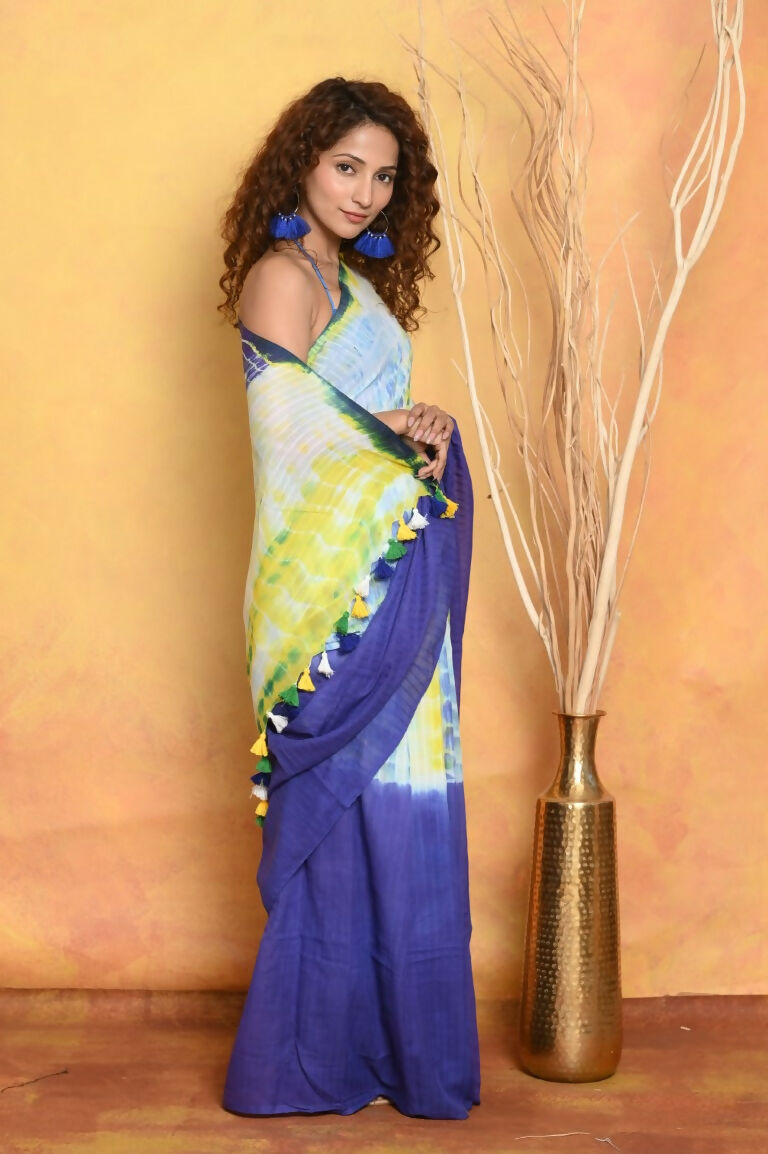 Very Much Indian Tie & Dye Handloom Mul Cotton Saree - Blue Green
