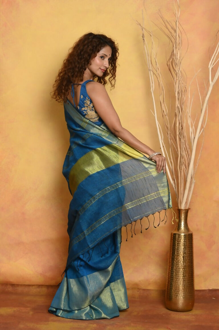 Very Much Indian Handloom Pure Cotton Linen Saree With Golden Border - Serene Blue