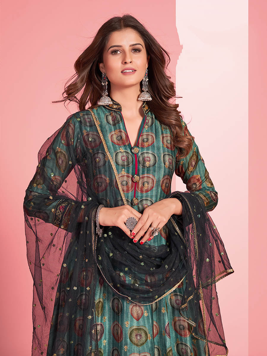 Myra Multicolour Pure Dola Silk Designer Gown Style Suit