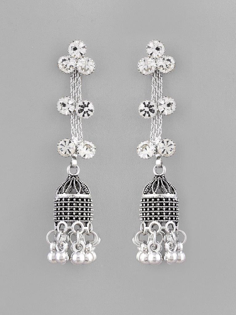 VOJ Studded Oxidised Silver Plated Contemporary Drop Earrings