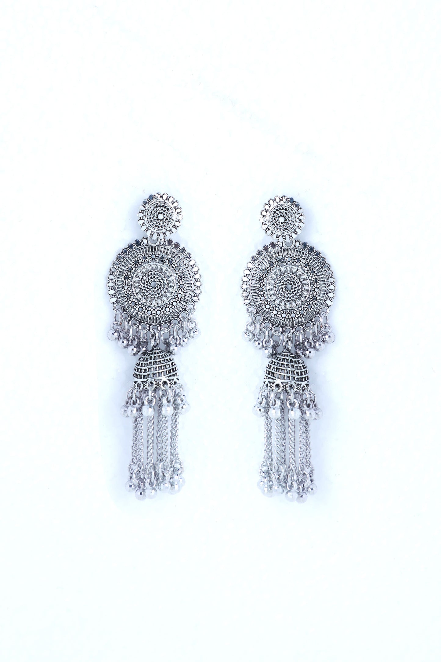 VOJ Silver Plated Oxidised Ghungharoo Studded Earrings
