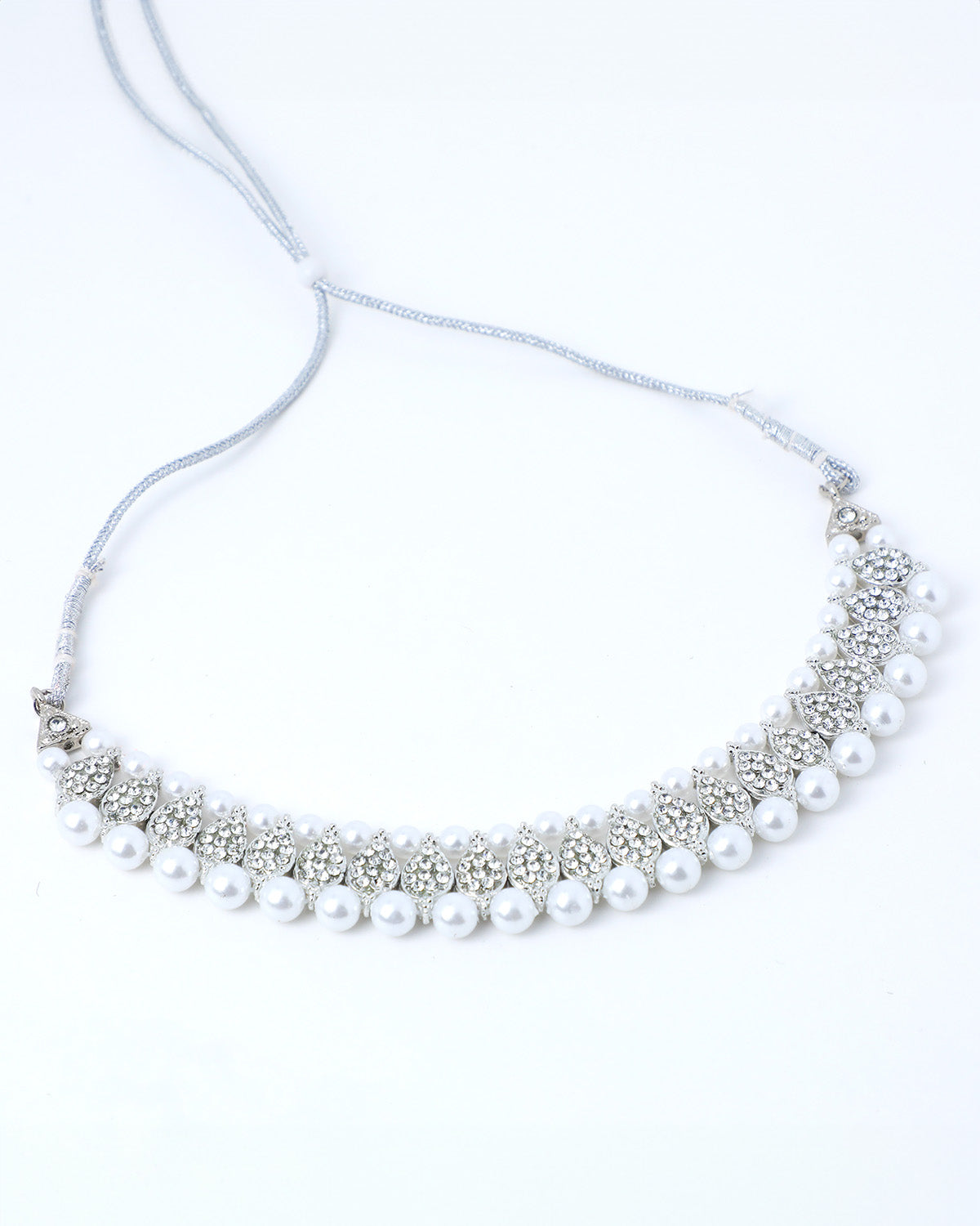 VOJ Silver Plated White Beads And Stone Studded Choker Jewellery Set With Mang Tikka