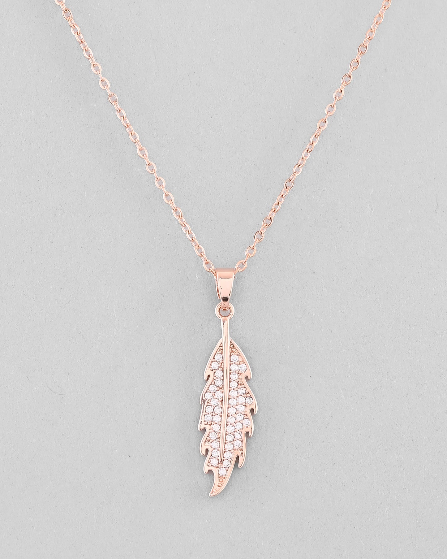 VOJ Rose Gold-Polished Chain With AD Studded Leaf Shaped Pendent