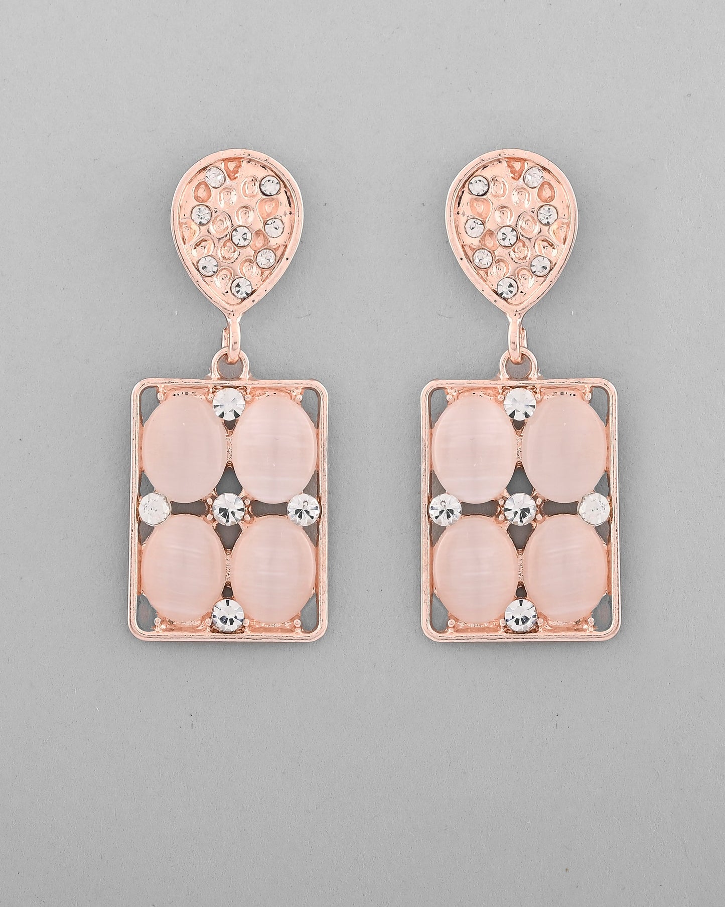 VOJ Rose Gold-Polished Stone Studded Rectangular Drop Earrings