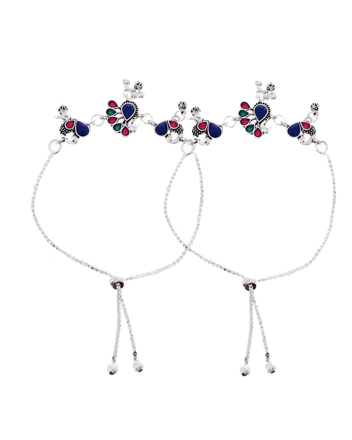 VOJ Set of 2 Silver-Plated Peacock Shaped Stone Studded Anklet