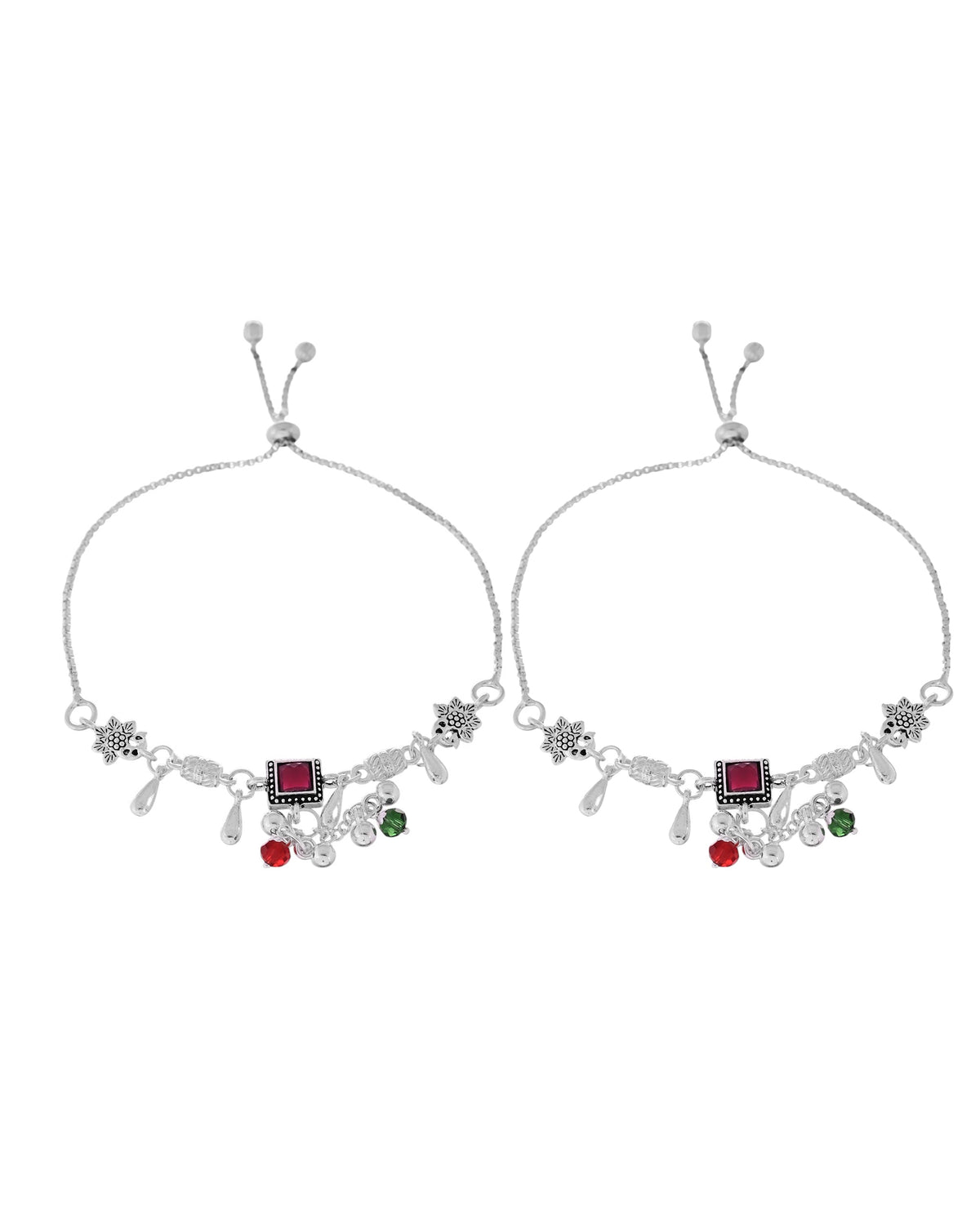 VOJ Set of 2 Silver Plated With Beads Anklet