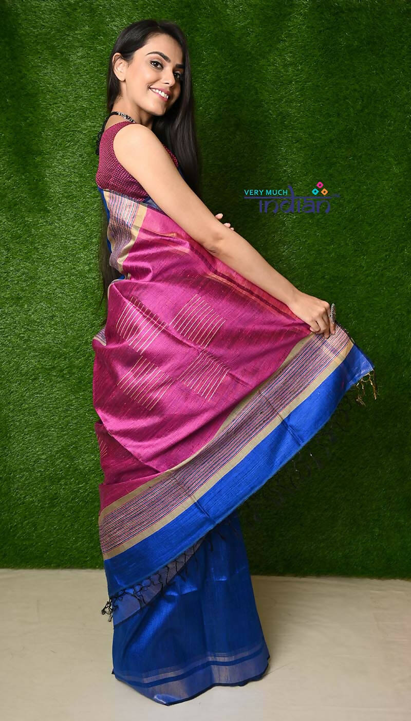 Very Much Indian Handwoven Raw Silk Dupion Saree - Cobalt Blue With Purple Pallu