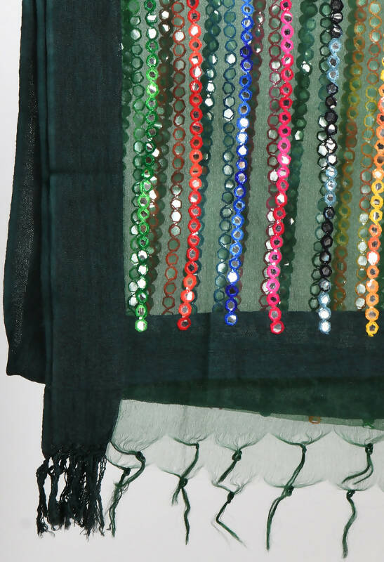Mominos Fashion Moeza Women's Orgenza Multi Thread Mirror Work Bottle Green Dupatta