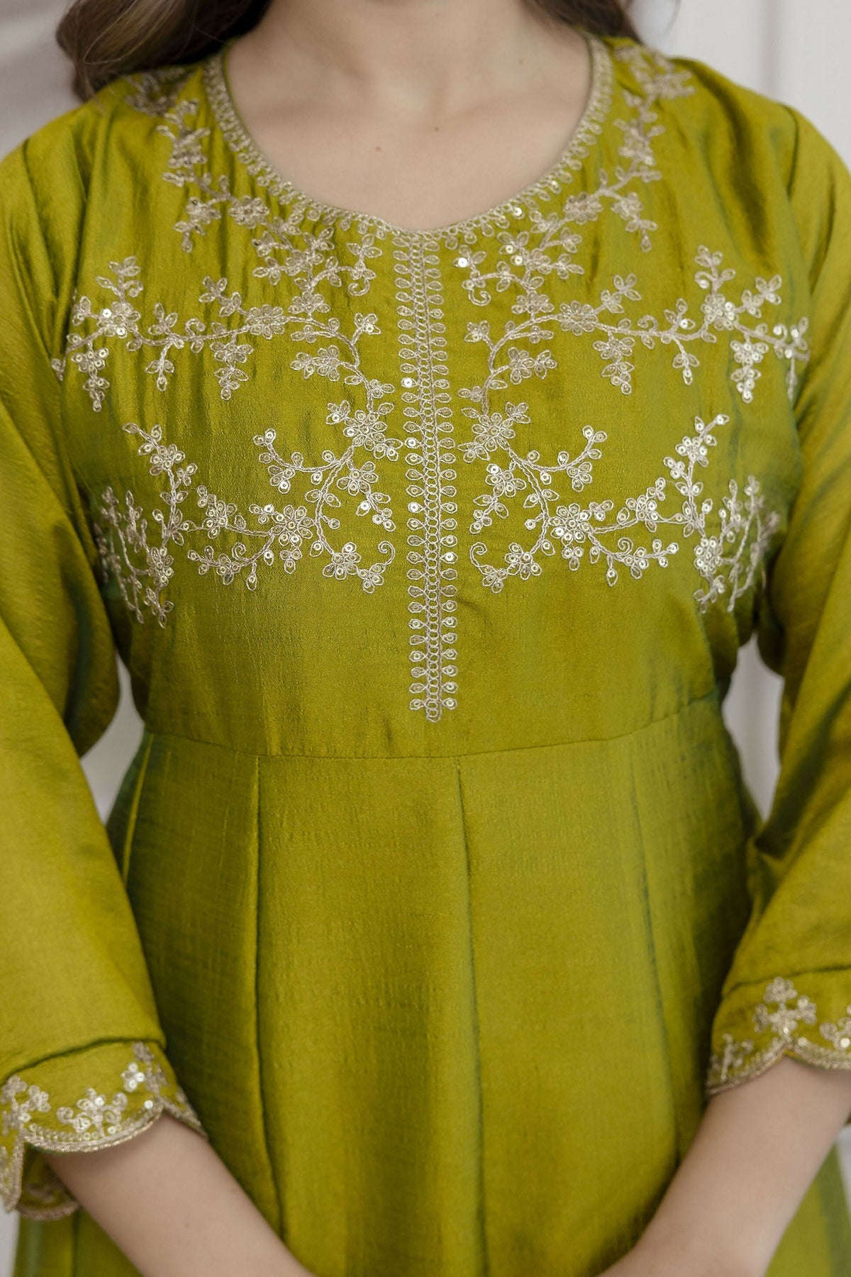 The52 Light Green Women's Beautiful Vichitra Silk Fabric Embroidered Work Flared Anarkali Pant and Dupatta Set