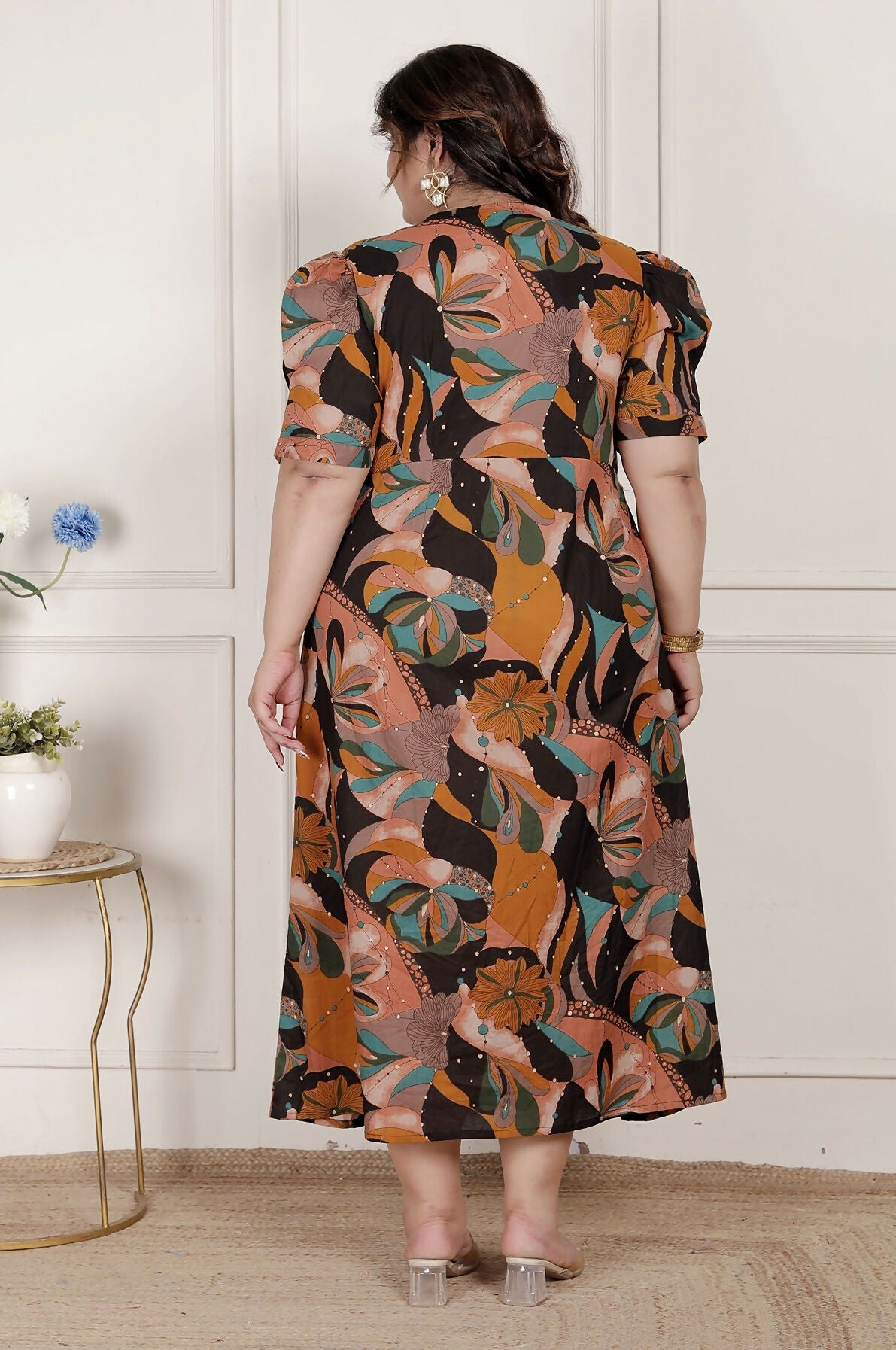Miravan Womens Plus Size Pure Cotton Black Puff Sleeve Floral Printed Butterfly Maxi Dress