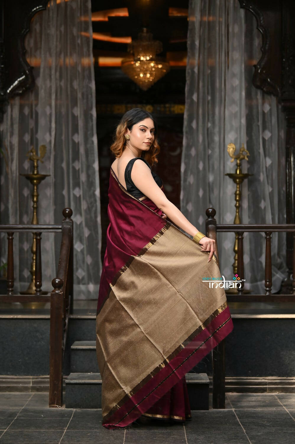 Very Much Indian VMI Exclusive Designer! Handloom Cotton Silk Saree With Sleek Golden Border - Maroon Shade