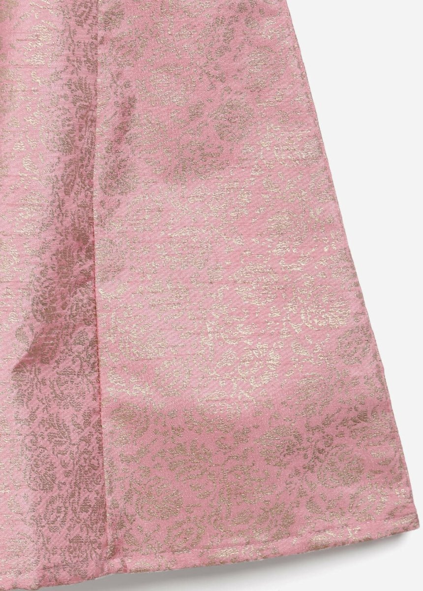 Ahalyaa Pink Poly Silk Gold Print Girl's Kids Dress For Girls
