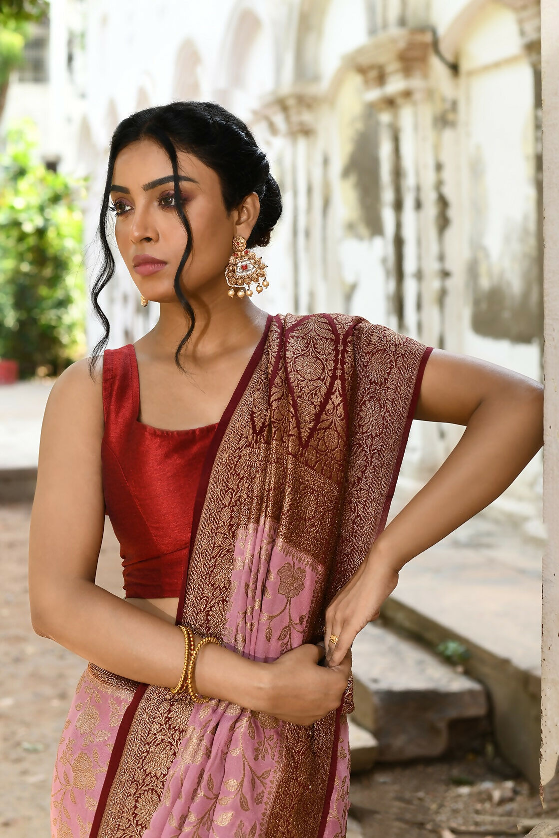 Joban Fashion Nude Pink Crepe Chiffon Pure Handloom Banarasi Silk Saree