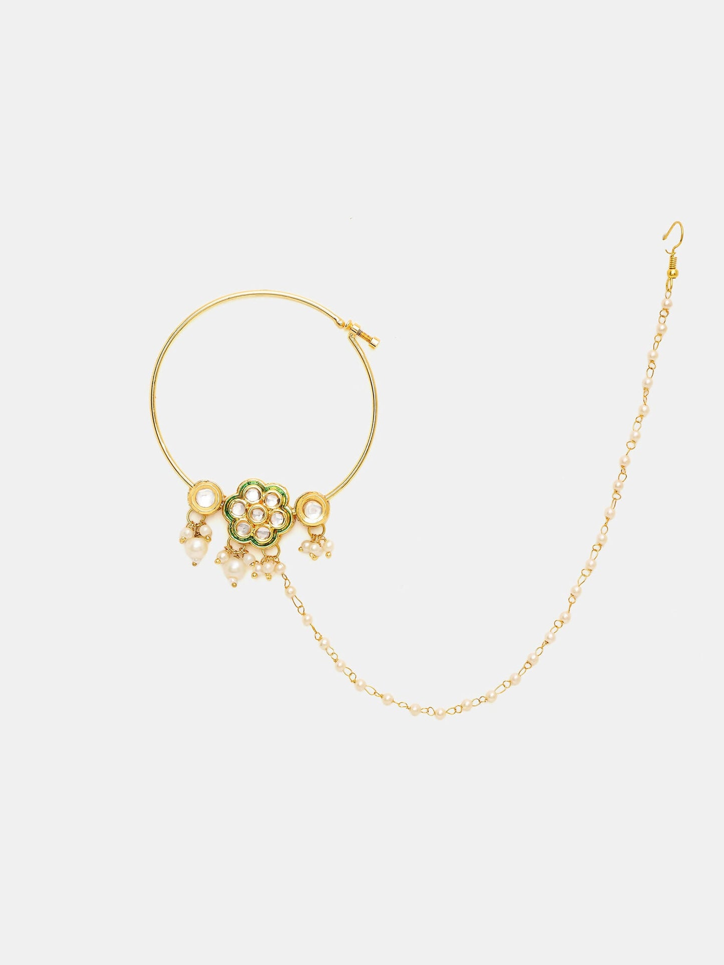 Ruby Raang 22k Gold Polished Kundan Maharani Nose Ring (Clip On)