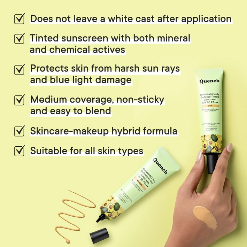 Quench Vitamin E Tinted SPF 50 Sunscreen PA+++ with both Mineral & Chemical Actives (Light)