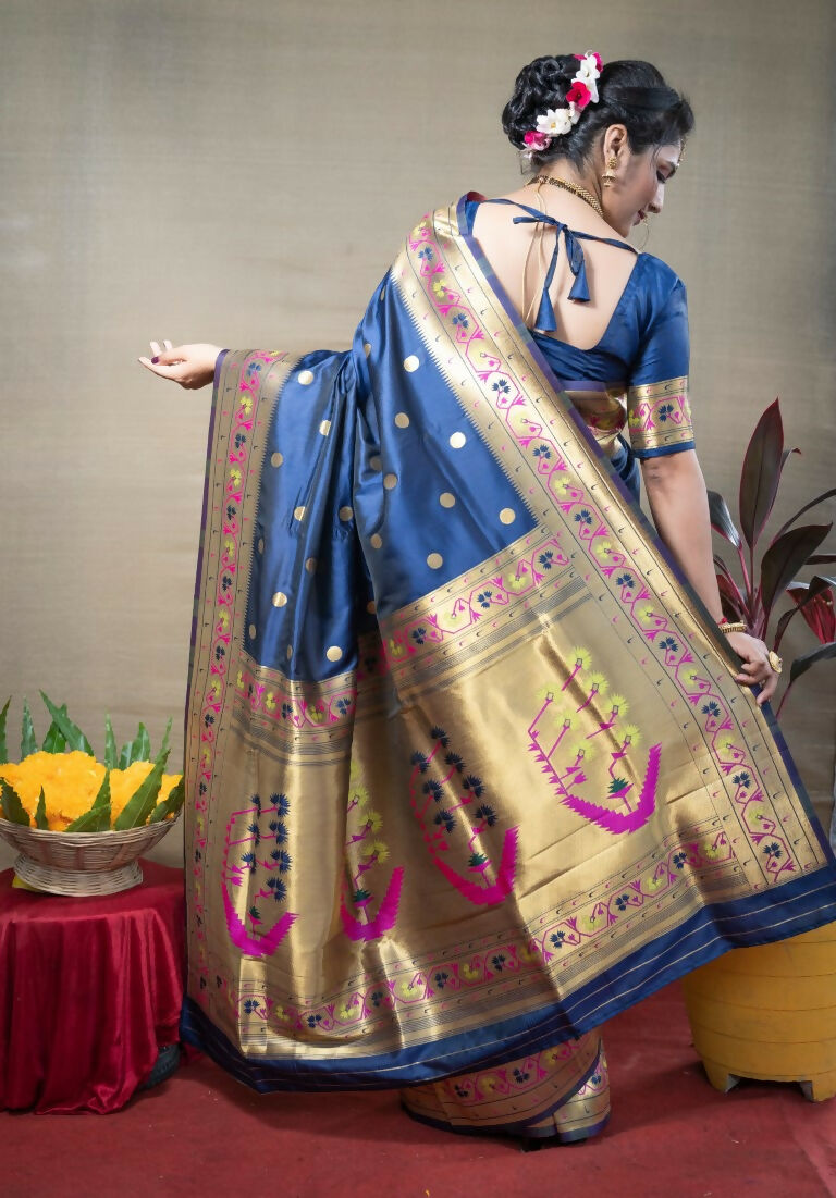 Jyoti Fashion Women's Blue Paithani Silk Zari Woven Saree with Blouse