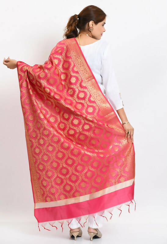 Mominos Fashion Moeza Women's Banarsi Silk All Over Woven Design Pink Dupatta