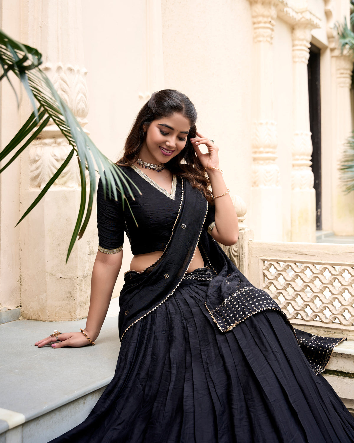 Evanik Women Pure Chanderi Plain With Zari Weaving Work Border Stitched Lehenga With Unstitched Blouse Dupatta(Up to 42)