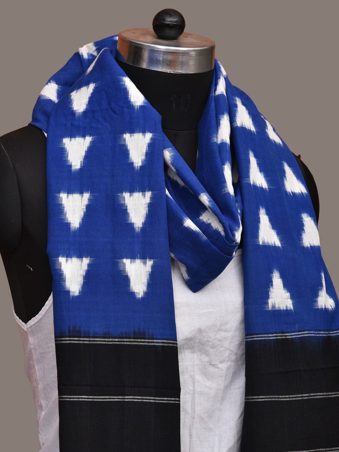 Blue and Black Pochampally Ikat Cotton Handloom Dupatta with Triangle Design - Global Threads