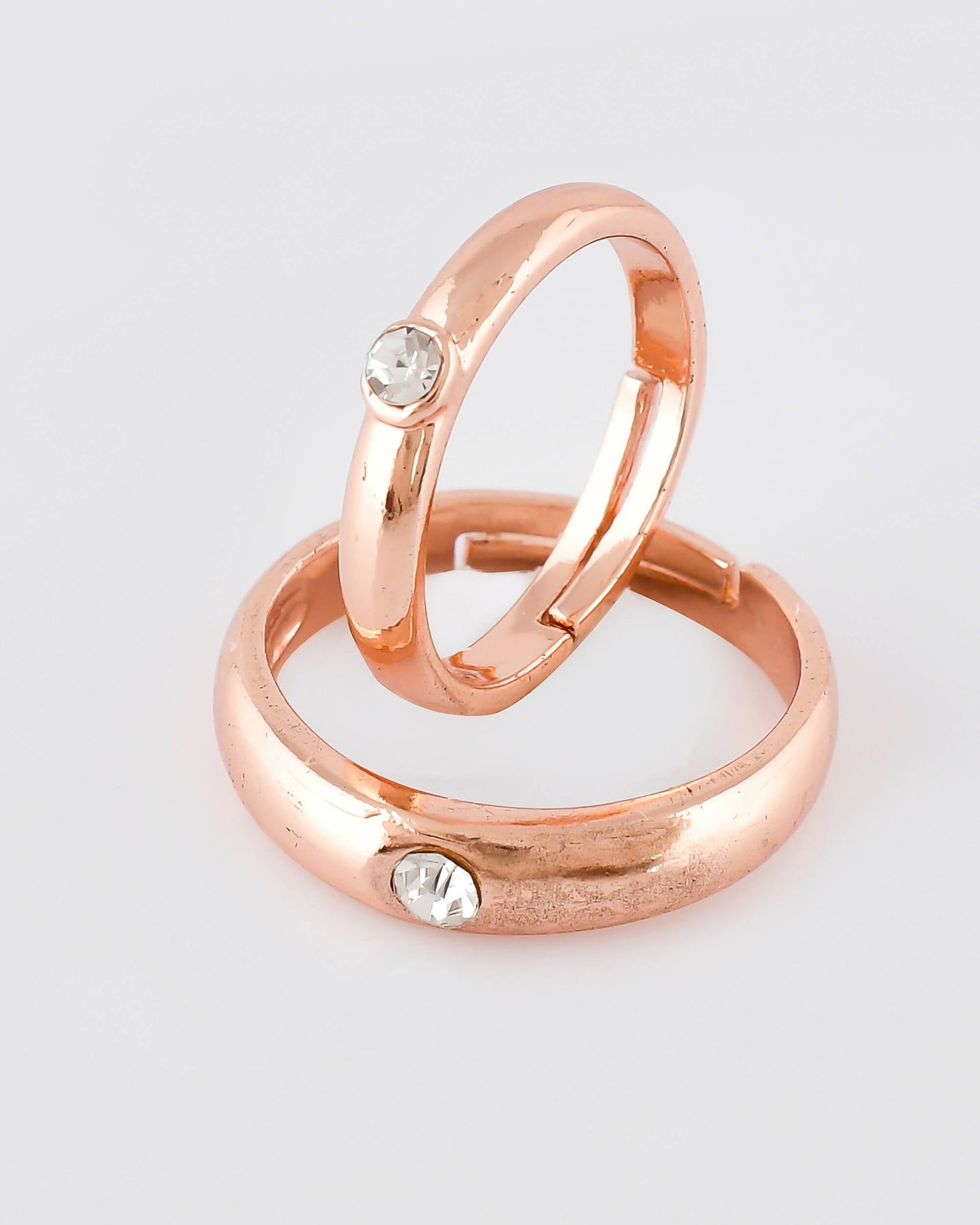 VOJ Stainless Steel Cubic Zirconia Gold-Polished Adjustable Couple Ring Set