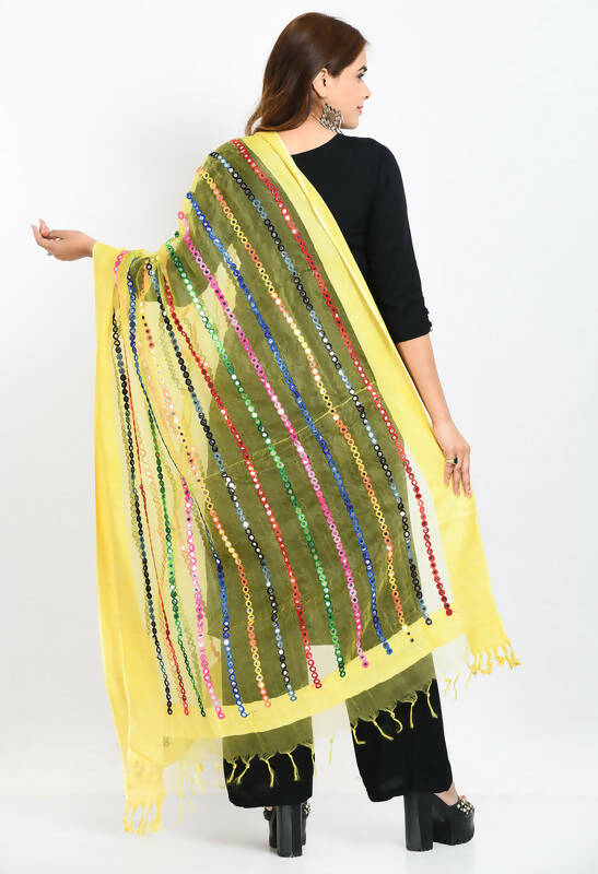 Mominos Fashion Moeza Women's Orgenza Multi Thread Mirror Work Lemon Yellow Dupatta