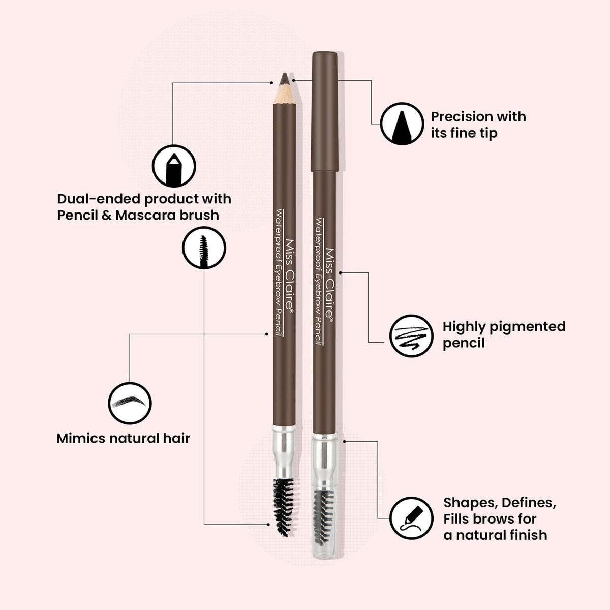 Miss Claire Waterproof Eyebrow Pencil With Mascara Brush - 03 Medium Brown