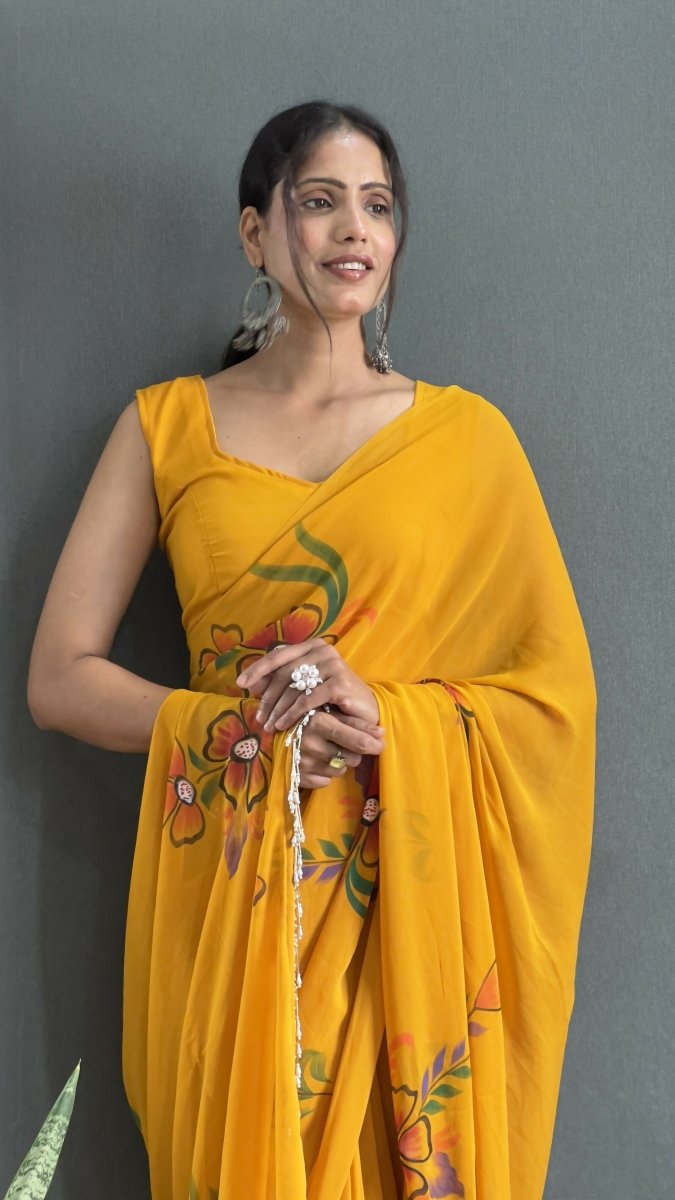 Aayaa Designer 1 min Hand Painted Ready to Wear saree - Mustard Yellow