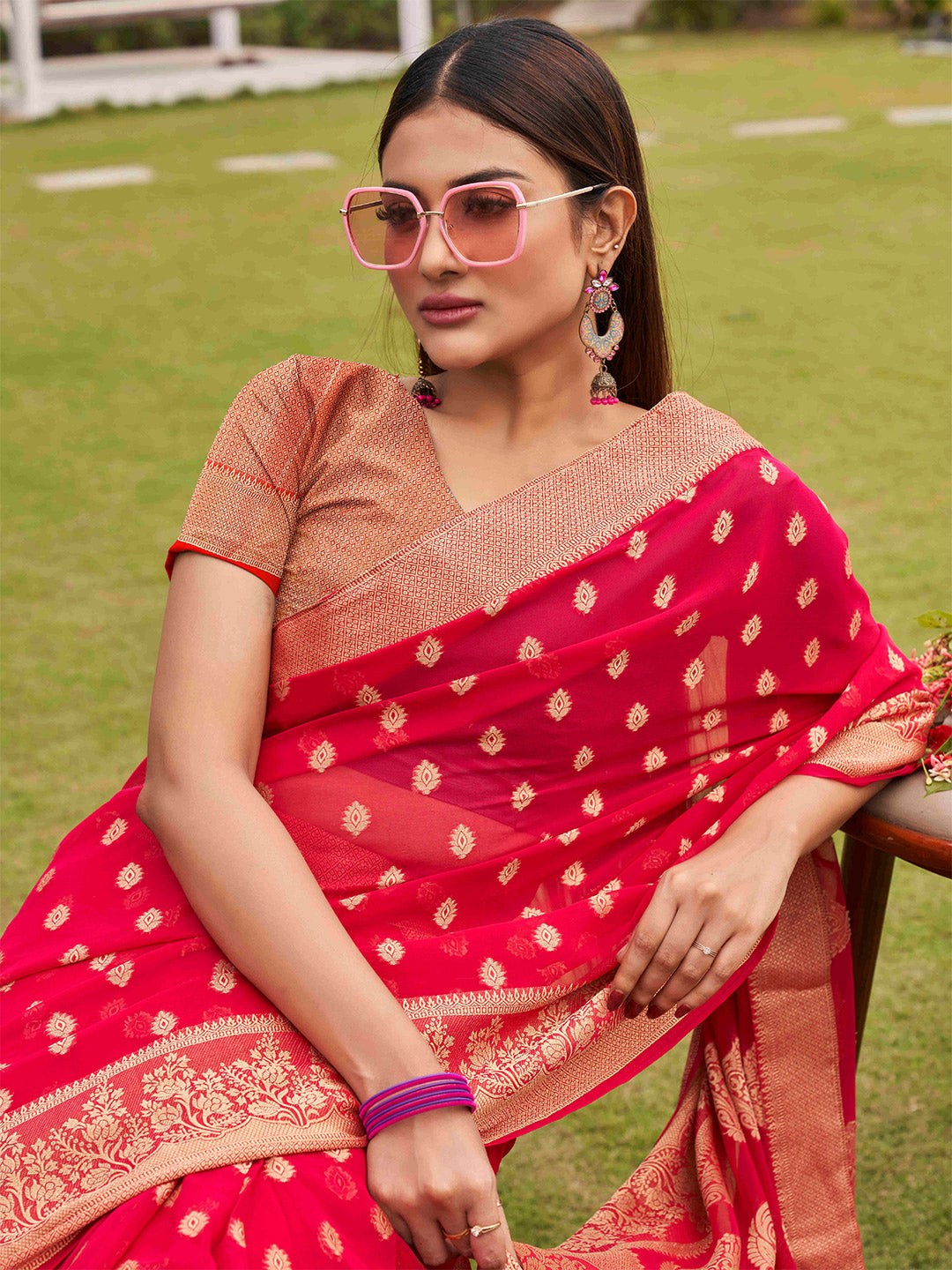Tikhi Imli Pink Ethnic Motifs Woven Design Zari Saree