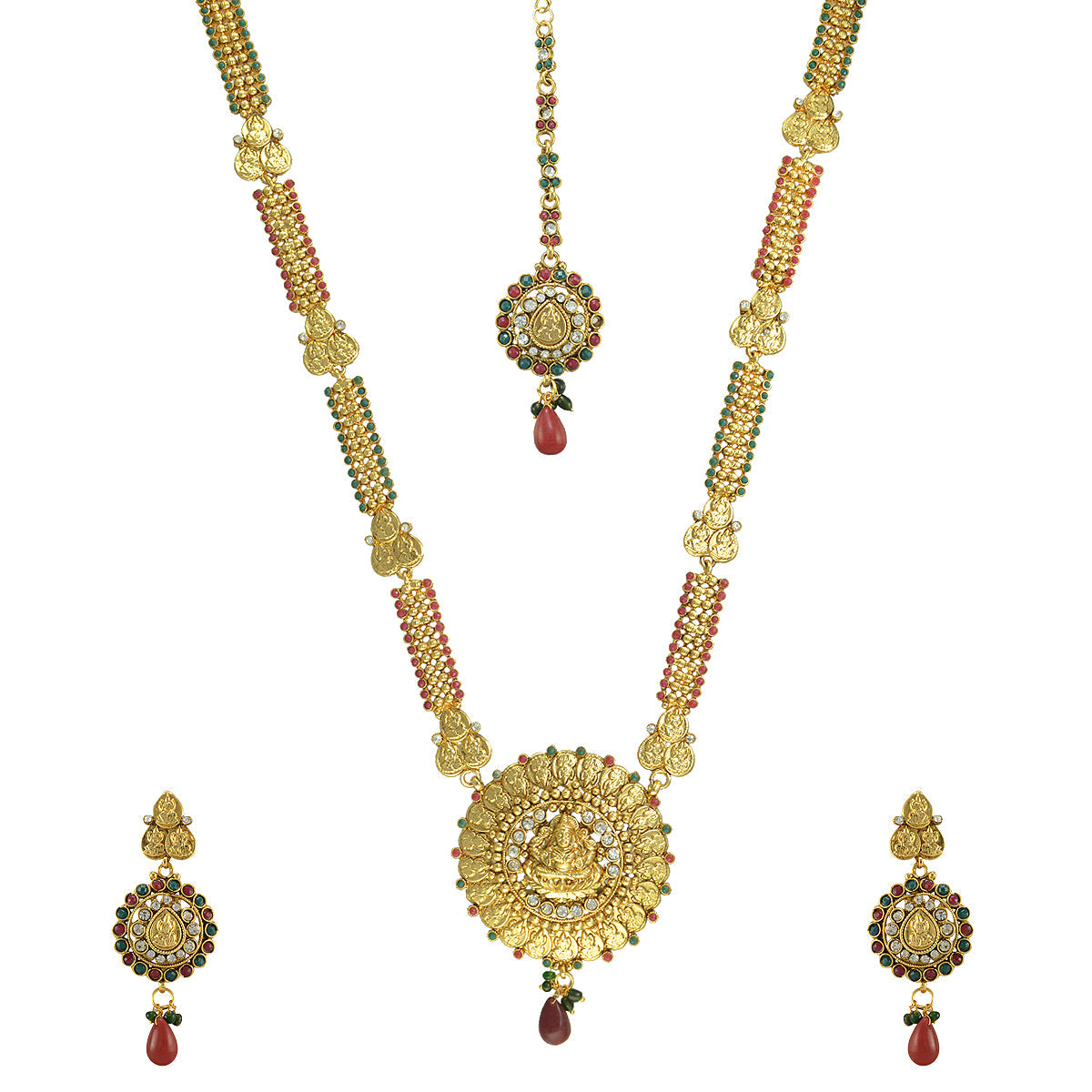 Gold-Polished Alloy Long Laxmi Pendant Necklace Set - The Pari