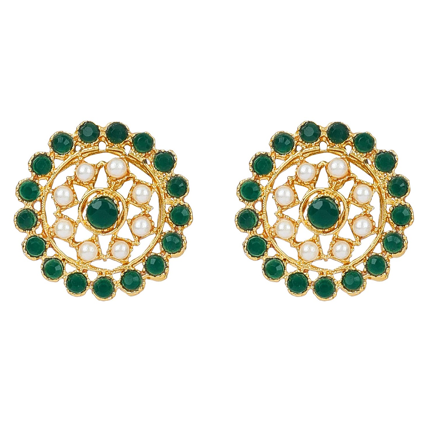 Gold-Polished Alloy Green Beaded Round Pendant Choker Necklace Set - The Pari