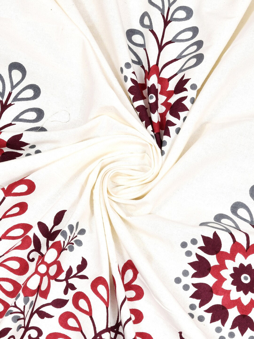 JAIPUR FABRICWhite Red Ethnic Motifs Cotton 250 TC King Bedsheet With 2 Pillow Covers