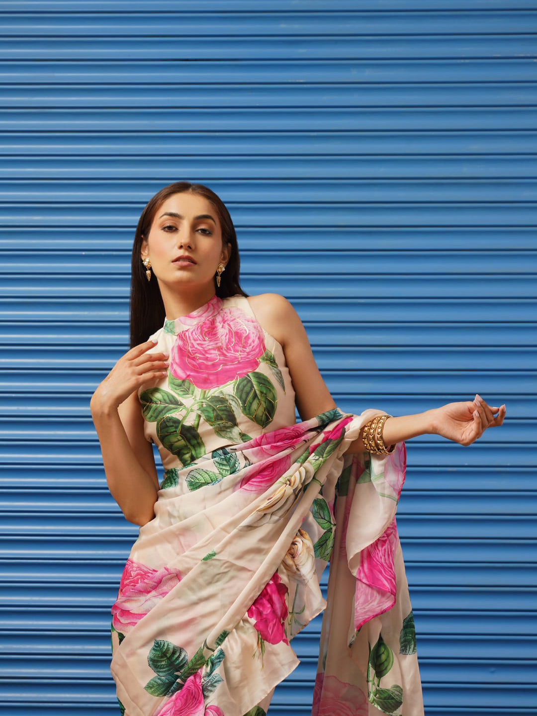 Tikhi Imli Floral Printed Poly Crepe Saree