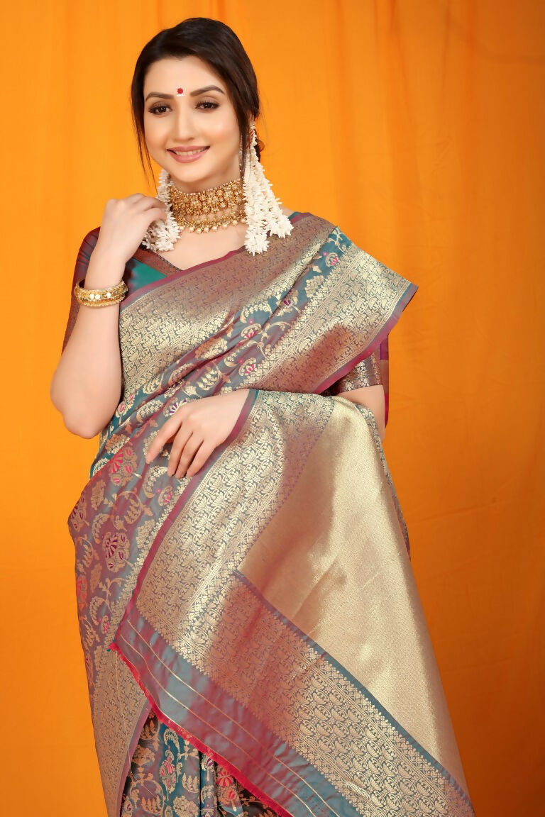Jyoti Fashion Women's Grey Kanjivaram Silk Zari Woven Saree with Blouse
