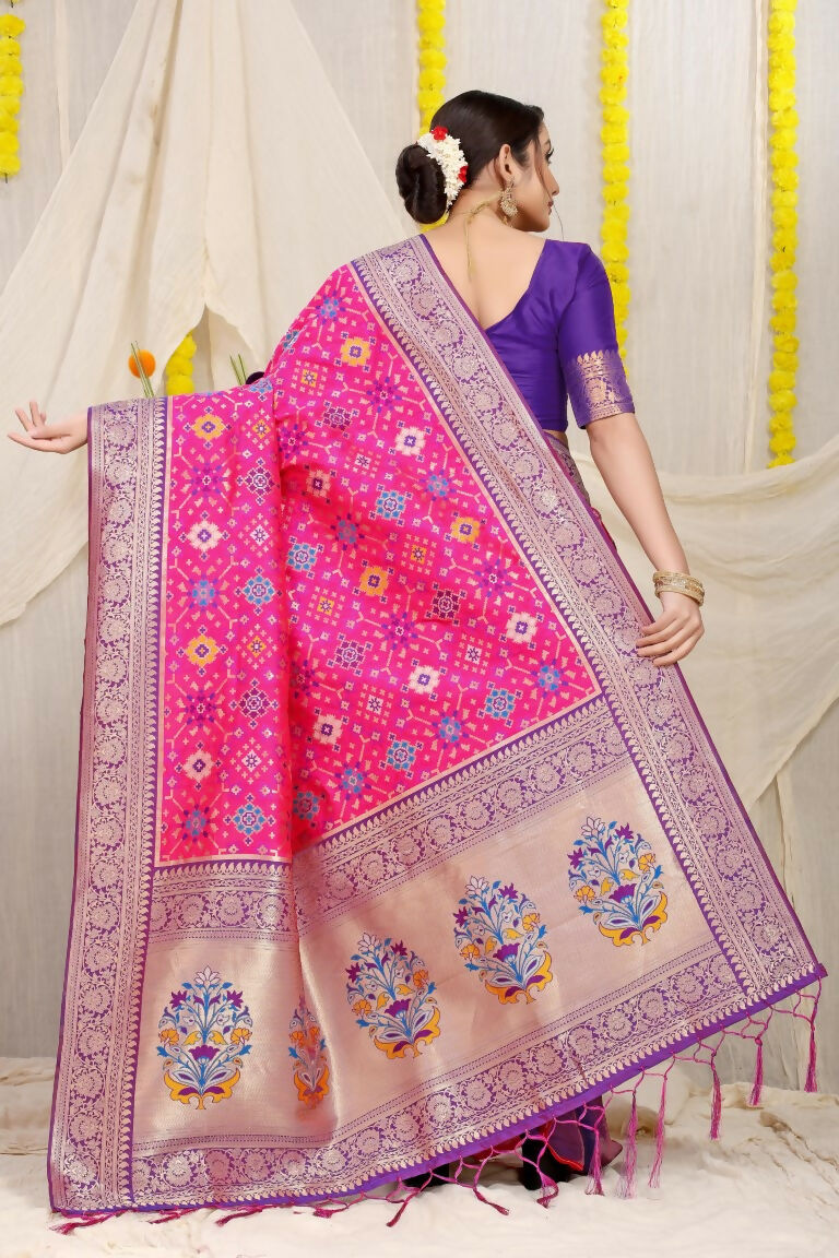 Jyoti Fashion Women's Rani Pink Patola Silk Zari Woven Saree with Blouse
