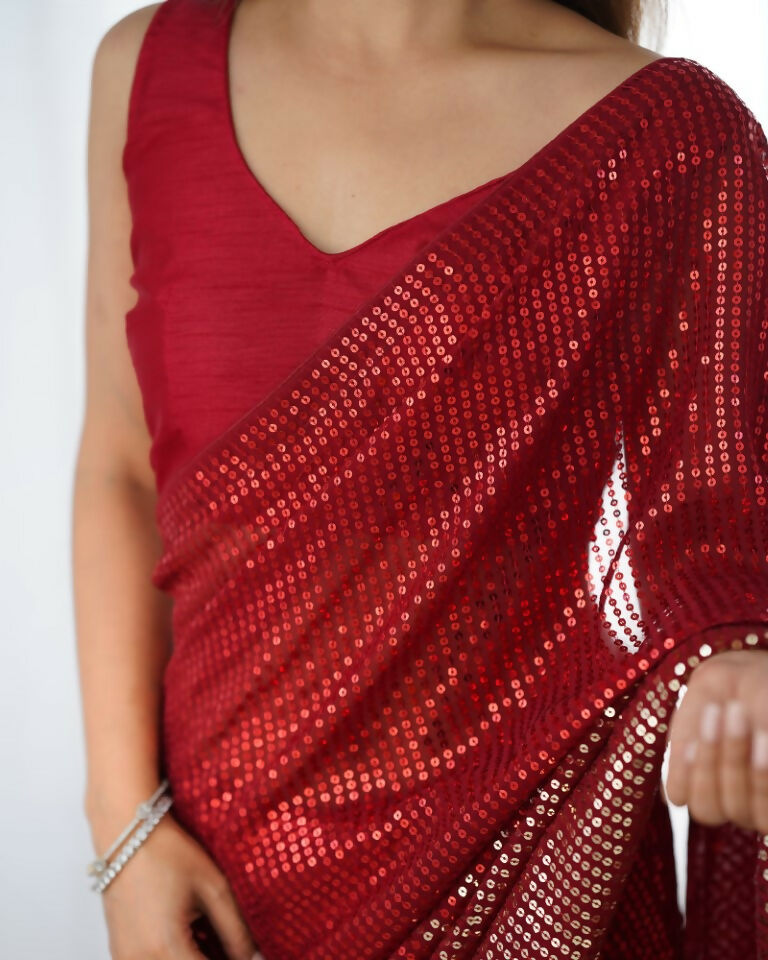 Red Georgette Designer Sequence Embroidery Work Saree - Sitare