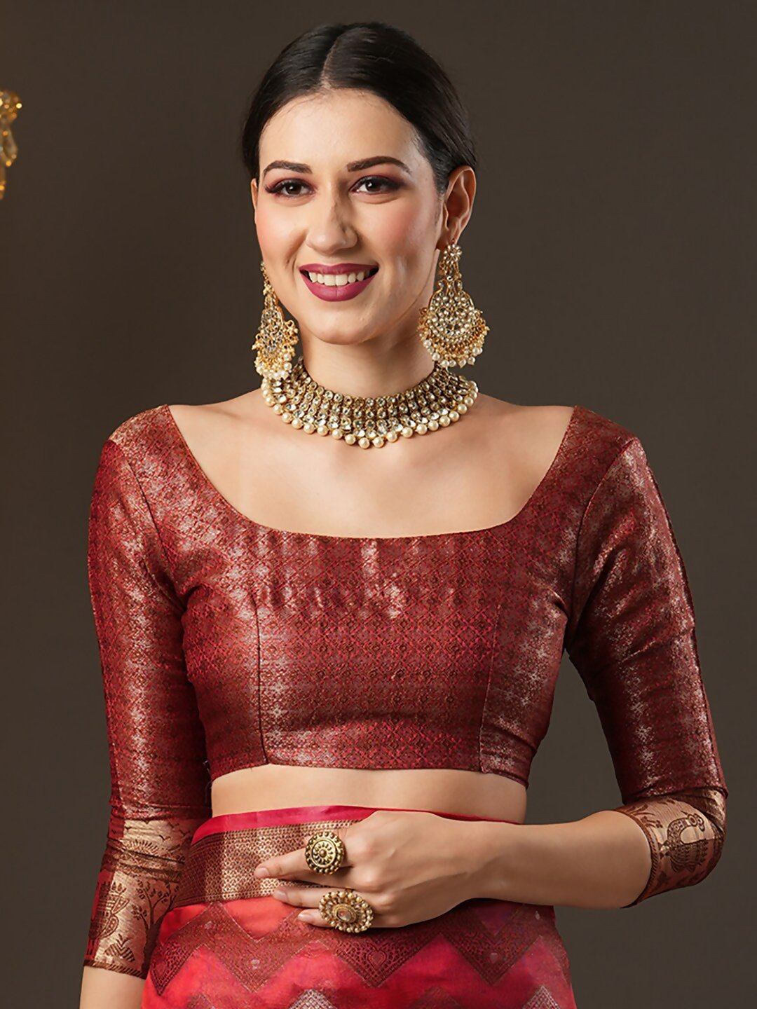 Saree Mall Pink & Gold-Toned Woven Design Zari Silk Blend Bagru Sarees