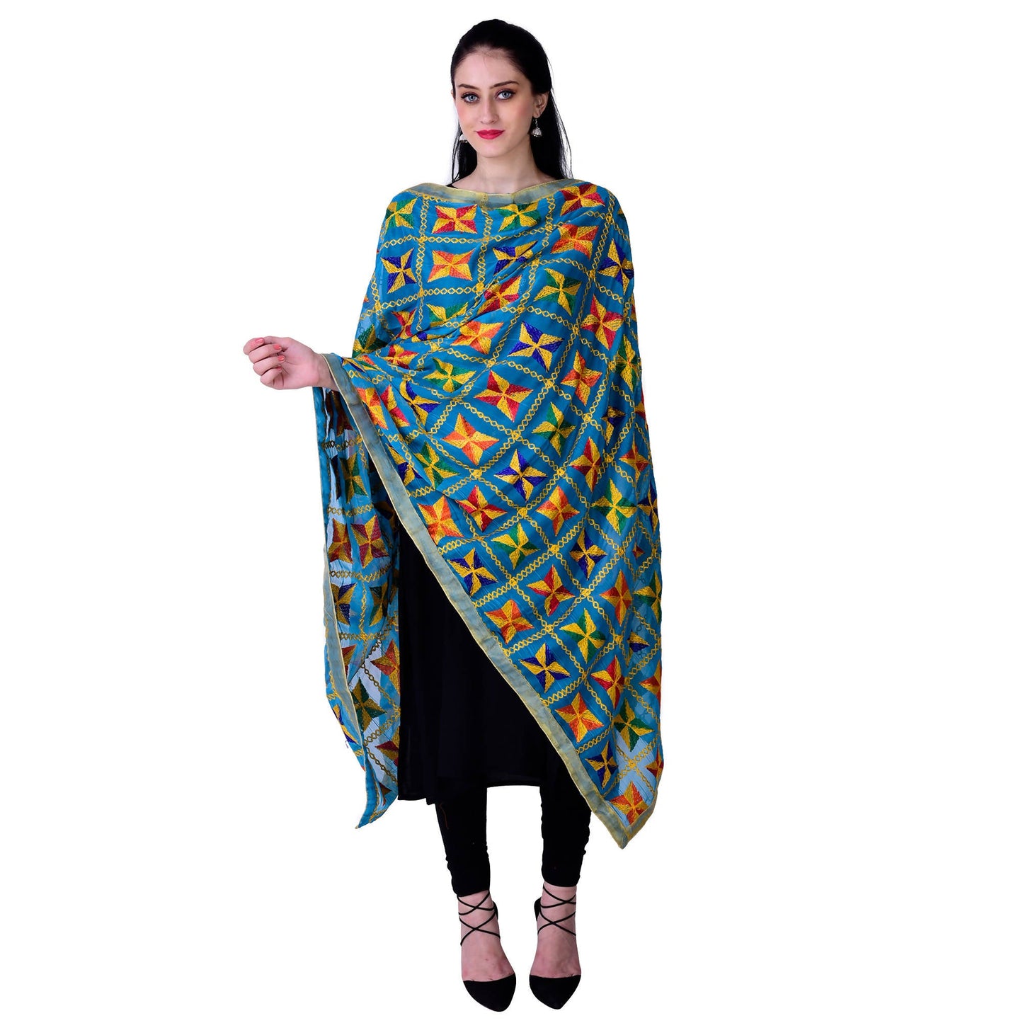 SWI Stylish Women's Embroidered Phulkari Chiffon Turquoise Dupatta