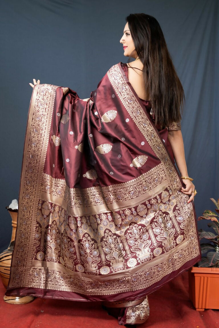 Jyoti Fashion Women's Brown Paithani Silk Zari Woven Saree with Blouse