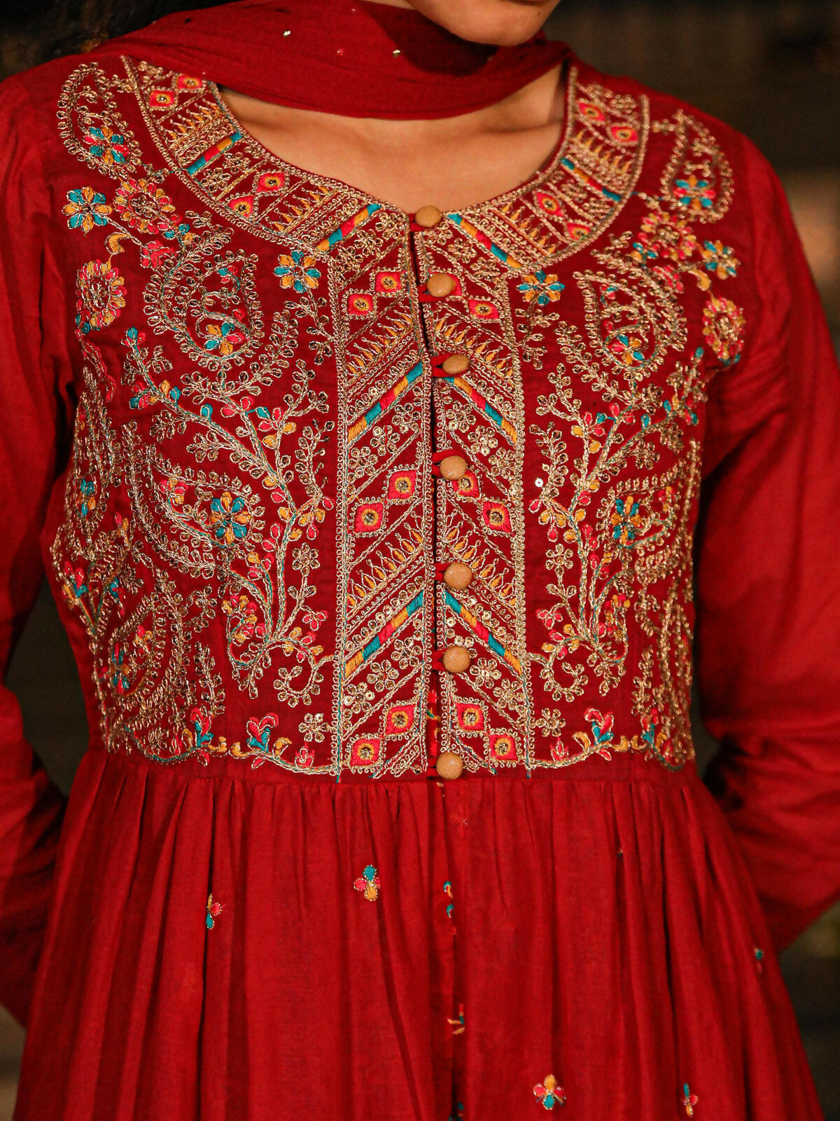 Juniper Women's The Mastani Maroon Ethnic Motif Printed Cotton Shrug Inner & Dupatta Set With Sequins Mirror & Thread Work