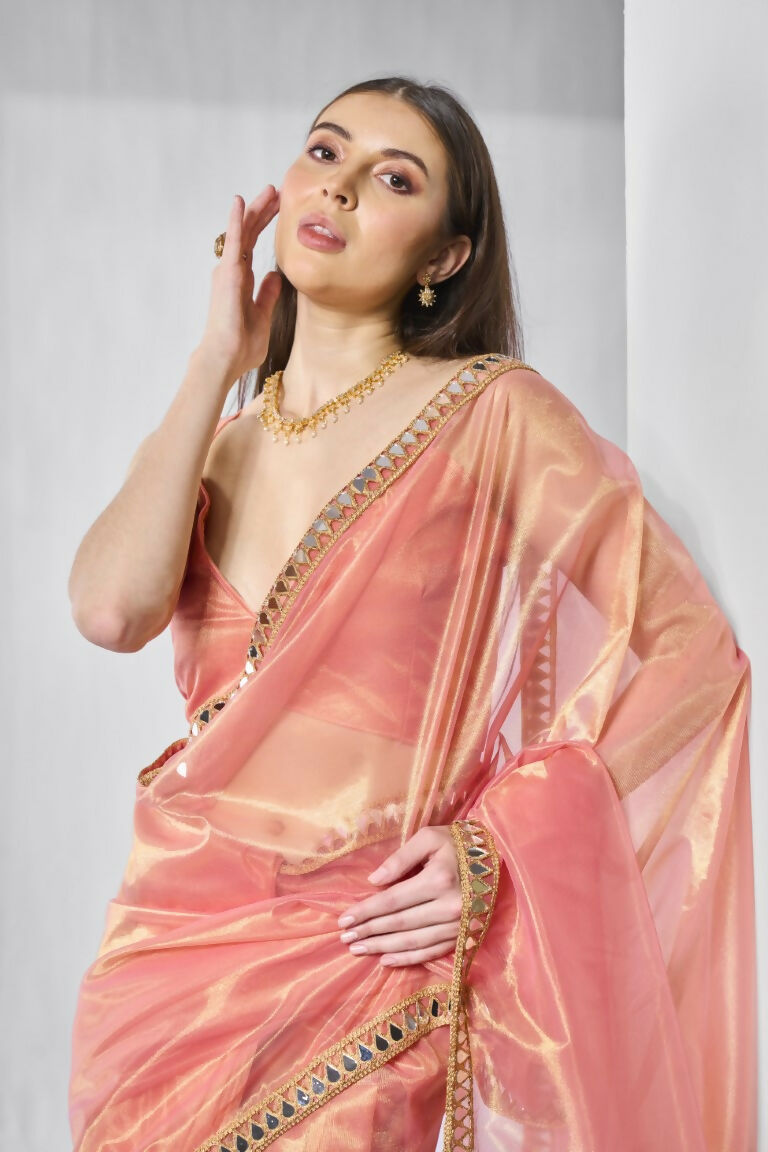 Orange Gold Tissue Net Solid & Gold Cotted Saree - Samaa