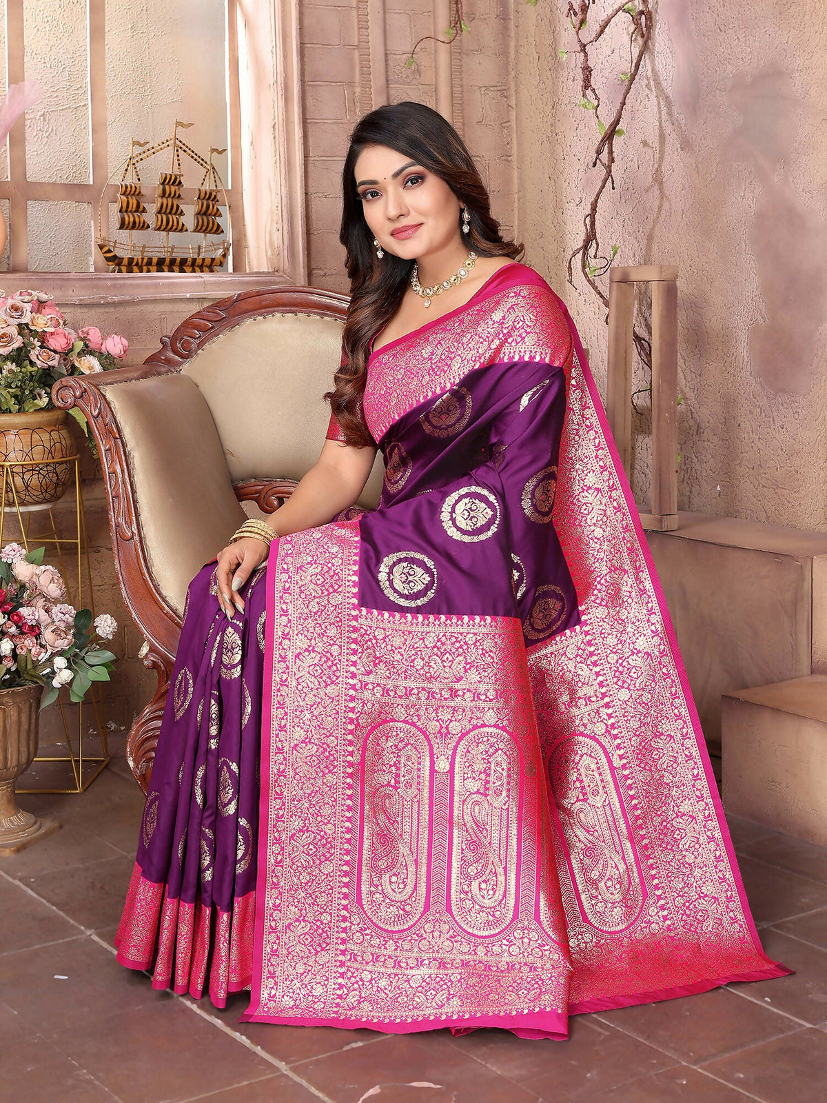 Joban Fashion Purple Banarasi Soft Silk Woven Saree