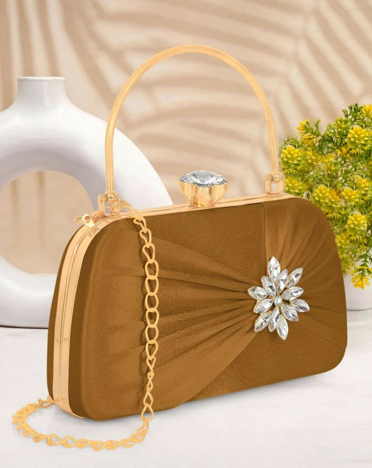 Joban Fashion Luxurious Satin Evening Clutch With Detachable Chain Strap - Mehndi