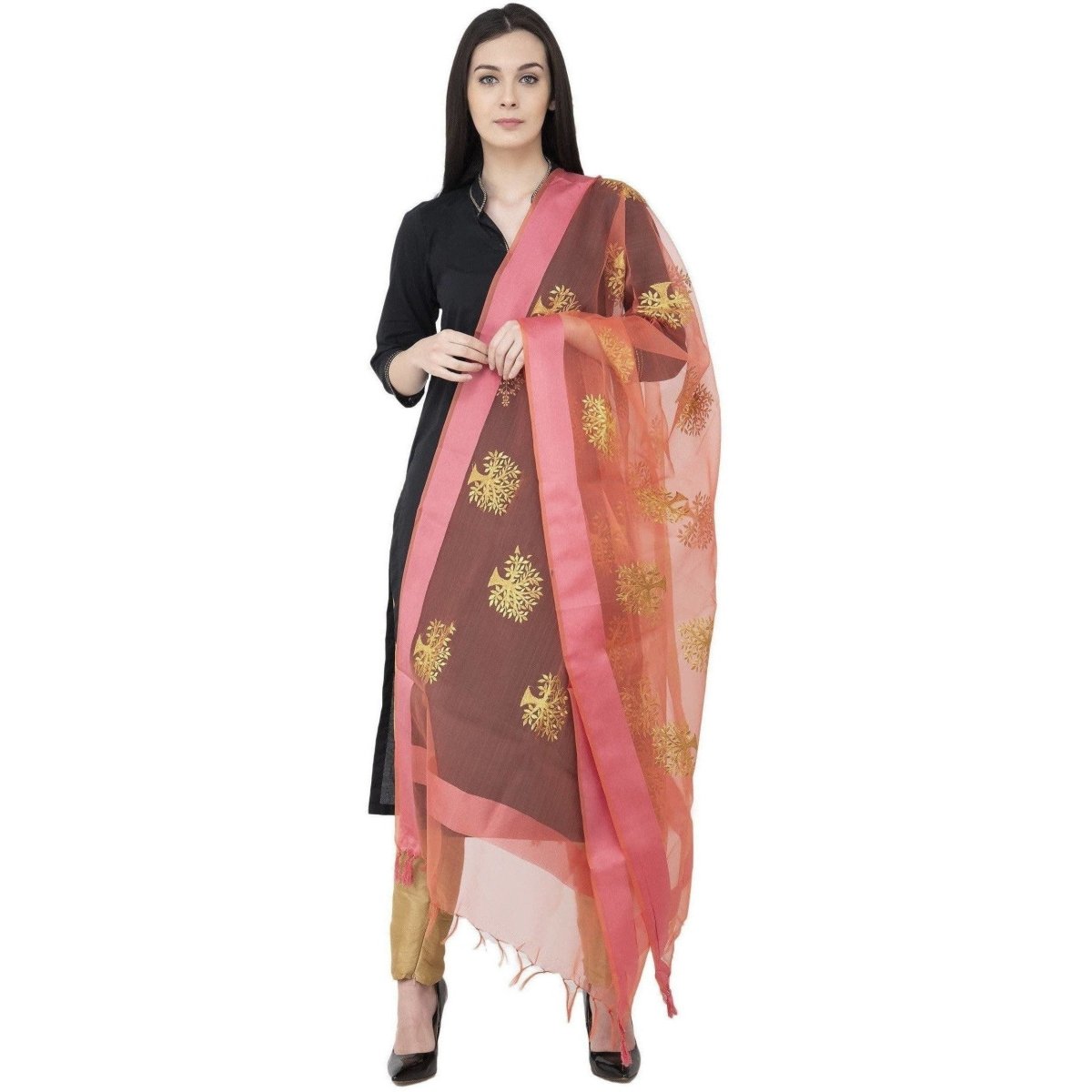 A R Silk Tissue Zari Emb. Golden Zari Emb. Color Rani Dupatta or Chunni