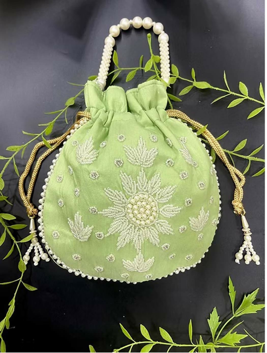 Joban Fashion Pearl Hand Work Potli Bag - Light Green