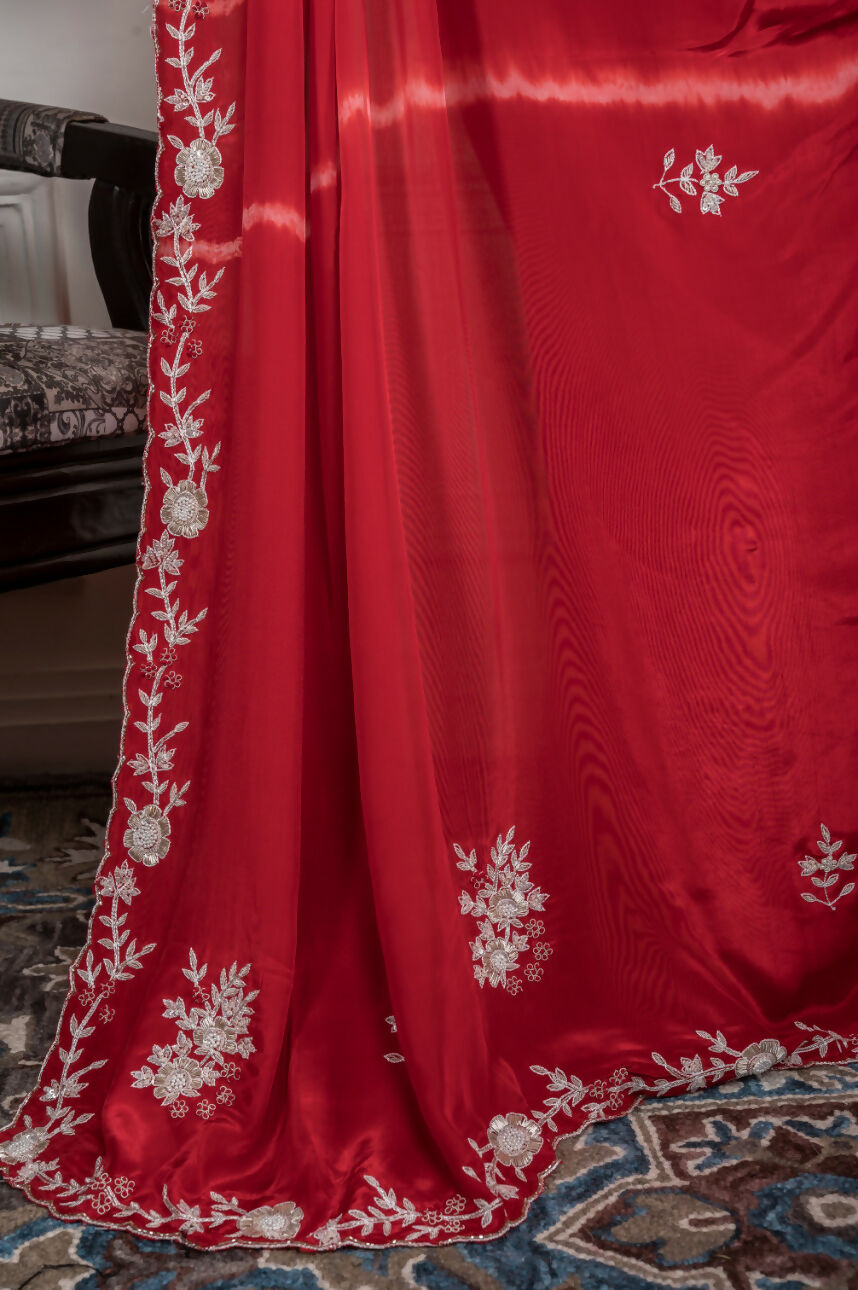 Morchari Red Crepe Hand Embroidery Saree And Stitched Blouse
