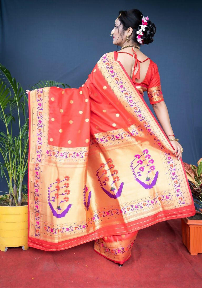 Jyoti Fashion Women's Red Paithani Silk Zari Woven Saree with Blouse