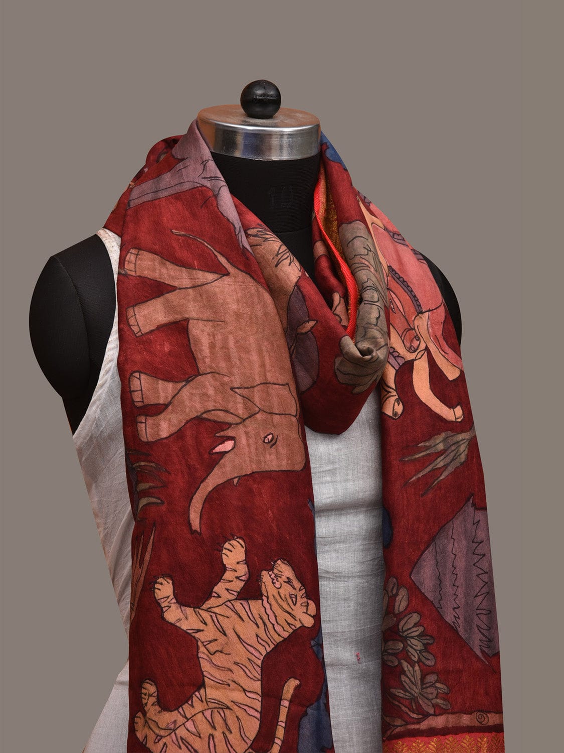 Red Kalamkari Hand Painted Kanchipuram Silk Handloom Dupatta with Village Design - Global Threads
