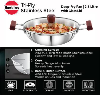 Hawkins TriPly Stainless Steel Kadhai with Glass Lid 26 cm Diameter 2.5 L (SSD25G)
